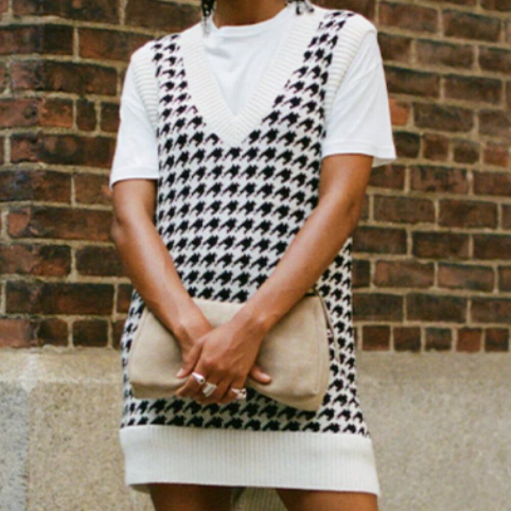 Abercrombie & Fitch Houndstooth Sweater Vest Mini Dress Size L Black and White